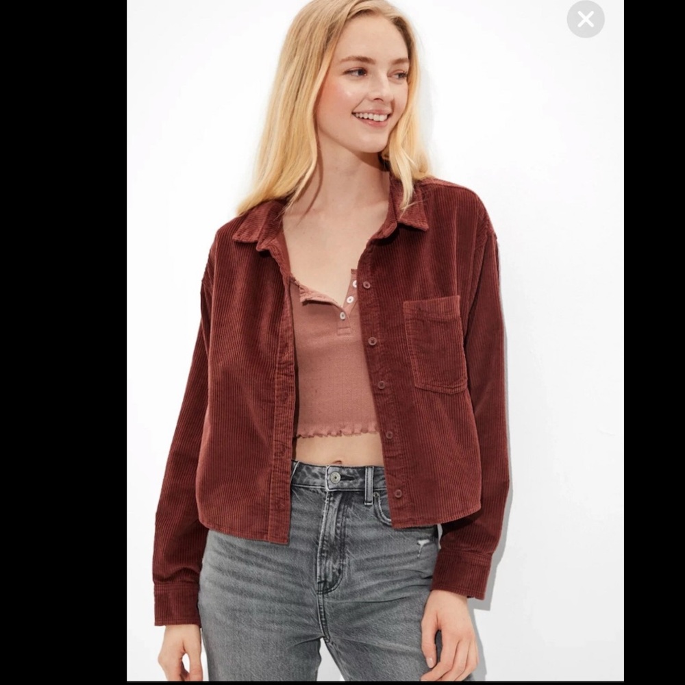 American Eagle Corduroy Cropped Button Up Shirt Dusty Rose Pink Shacket Large